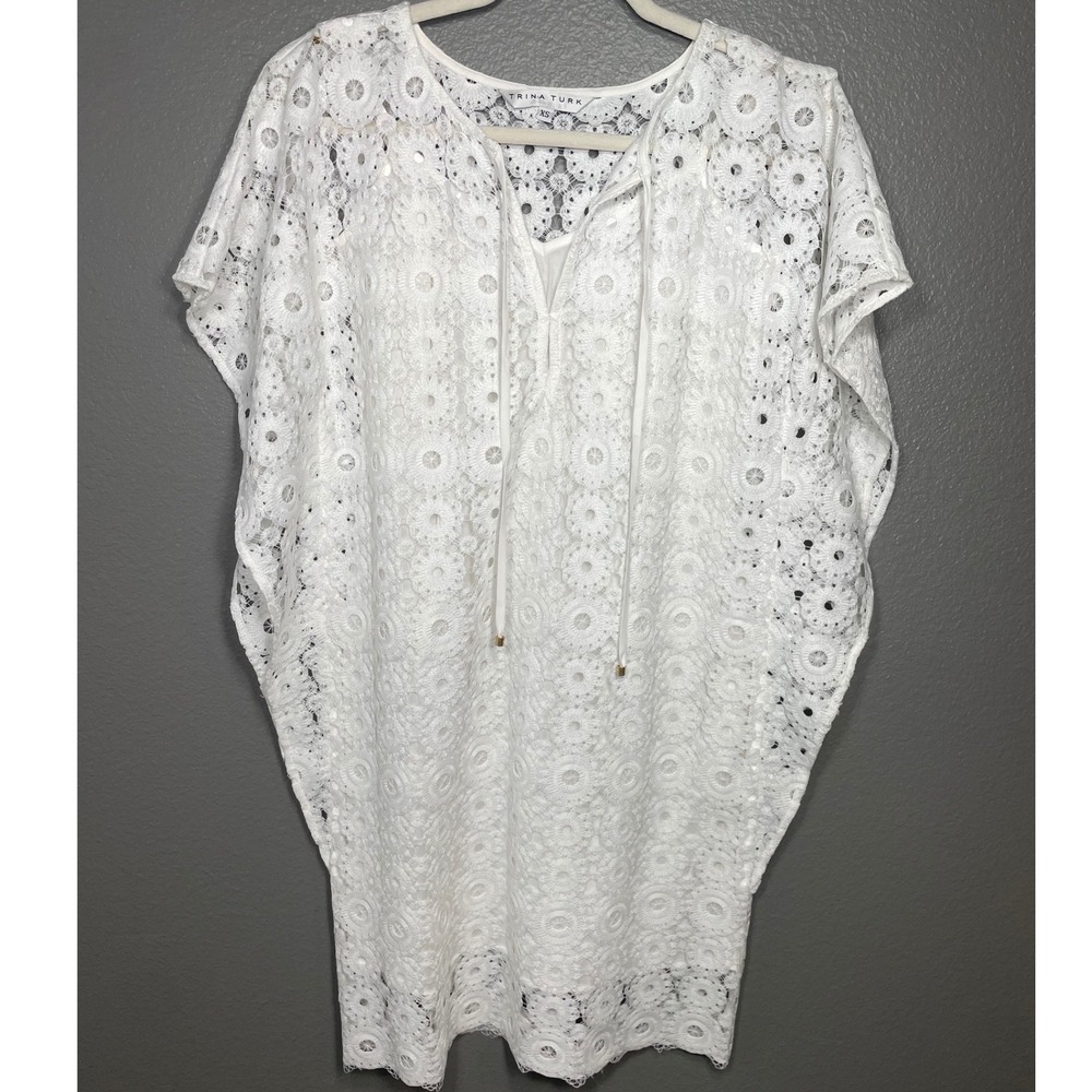 Trina Turk White Lace Kaftan Dress XS Floral Crochet Poncho Sleeve Shift